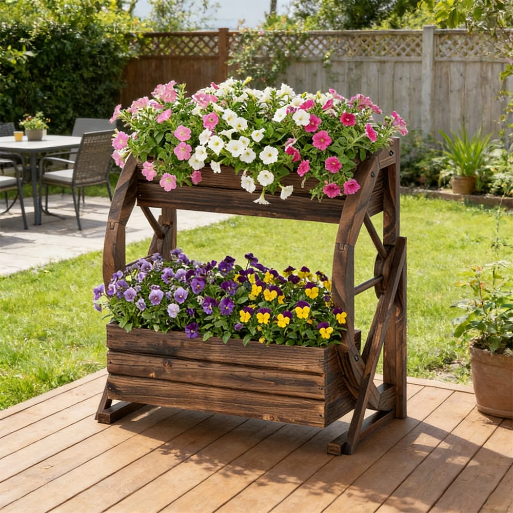 Rustic Wooden 2-tier Garden Planter Wagon For Flowers And Plants_voghion.com